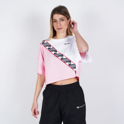 Camiseta manga corta CHAMPION chica COLOUR BLOCK JACQUARD LOGO TAPE CROPPED T-SHIRT Ref. 112767 Blanca y rosa palo banda logo