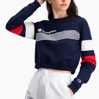 Sudadera CHAMPION chica cuello redondo GRAPHIC STRIPE AND COLOUR BLOCK CROPPED SWEATSHIRT Ref. 112761 Azul blanca y roja