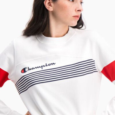 Sudadera CHAMPION chica cuello redondo GRAPHIC STRIPE AND COLOUR BLOCK CROPPED SWEATSHIRT Ref. 112761 Blanca, azules y roja