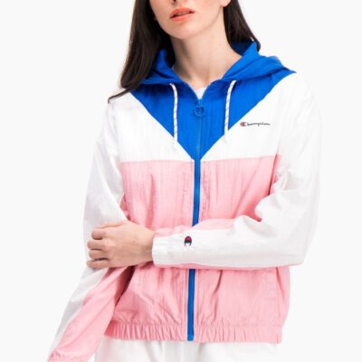 Chaqueta deportiva CHAMPION chica con cremallera COLOUR BLOCK HOODED TRACK JACKET Ref. 112771 Blanca, azules y rosa