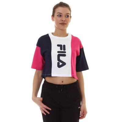 Top manga corta FILA chica Bai Cropped Tee Ref.687492 blanca fucsia y marino logo fila vertical