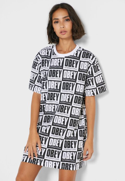 Vestido camisero manga corta OBEY chica Kala Dress Ref. 401500329 multi blanco y negro logos Obey