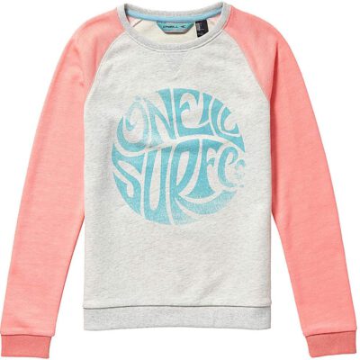 Sudadera O'NEILL niña cuello redondo Ref.8P6480 Kinder Mountan Chase Sweater Gris con logo turquesa y mangas rosas raglan