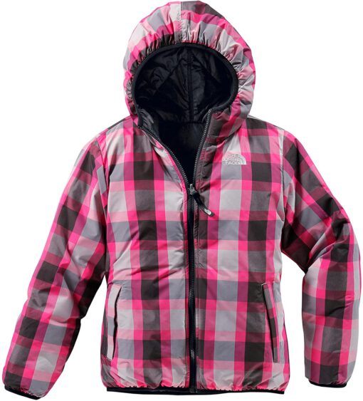 Chaqueta reversible THE NORTH FACE niña con capucha Doggy ref. T0A7ANJK3 negra por un lado y cuadros morados y rosas por el otro