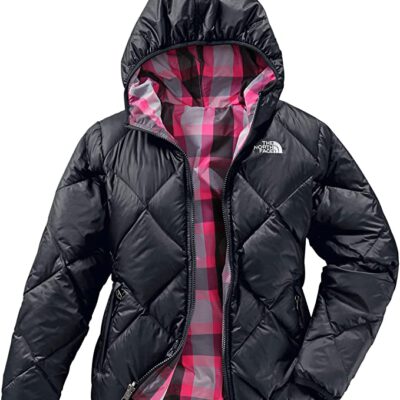 Chaqueta reversible THE NORTH FACE niña con capucha Doggy ref. T0A7ANJK3 negra por un lado y cuadros morados y rosas por el otro