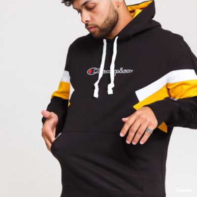 Sudadera CHAMPION Hombre con capucha COLOUR BLOCK INSERT FLEECE HOODIE Ref. 214783 negra y amarilla