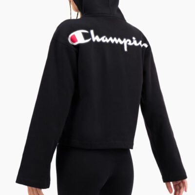 Sudadera corta CHAMPION chica SATIN STITCH SCRIPT LOGO CROPPED FLEECE HOODIE Ref. 113186 negra