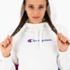 Sudadera corta CHAMPION chica COLOUR BLOCK JACQUARD LOGO TAPE FLEECE HOODIE Ref. 113338 blanca, azul y roja