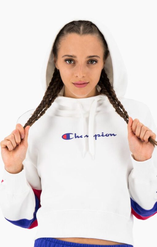 Sudadera corta CHAMPION chica COLOUR BLOCK JACQUARD LOGO TAPE FLEECE HOODIE Ref. 113338 blanca, azul y roja