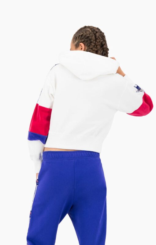 Sudadera corta CHAMPION chica COLOUR BLOCK JACQUARD LOGO TAPE FLEECE HOODIE Ref. 113338 blanca, azul y roja