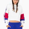 Sudadera corta CHAMPION chica COLOUR BLOCK JACQUARD LOGO TAPE FLEECE HOODIE Ref. 113338 blanca, azul y roja