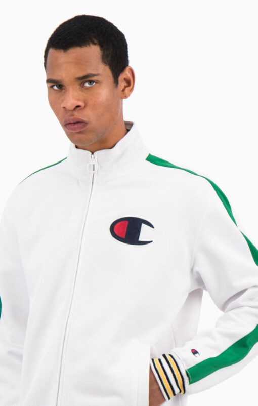 Sudadera CHAMPION Hombre cremallera ZIP-UP STRIPE SLEEVE BASKETBALL SWEATSHIRT Ref. 214835 blanca detalles verdes