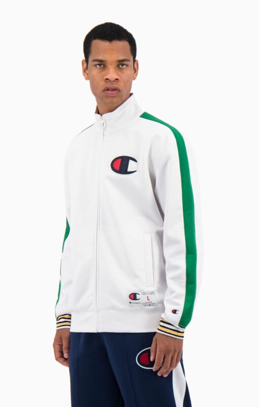 Sudadera CHAMPION Hombre cremallera ZIP-UP STRIPE SLEEVE BASKETBALL SWEATSHIRT Ref. 214835 blanca detalles verdes