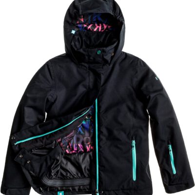 Chaqueta esquí ROXY niña con capucha Jetty Solid Ref. WTTSJ063 negra con detalles azul turquesa