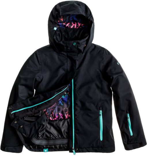 Chaqueta esquí ROXY niña con capucha Jetty Solid Ref. WTTSJ063 negra con detalles azul turquesa