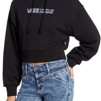 Sudadera corta VANS Mujer con capucha STRAIT OUT TURVY Ref. VN0A4DR7BLK negra cuadros ajedrez estampado Checkerboard,