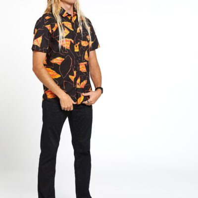 Camisa VOLCOM Manga Corta para Hombre llamativa SECRET LEAF - BLACK Blue Ref. A0412002 negra y naranja floral