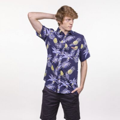 Camisa HYDROPONIC Manga corta Hombre divertida MAKAHIKI NAVY TROPICAL Ref. 21051-01 azul piñas