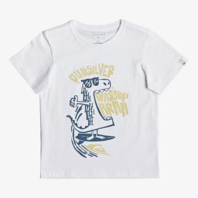 Camiseta QUIKSILVER manga corta niño surfera Wasup Dino FLAMINGO (WNNO) Ref. EQKZT03288 blanca divertida