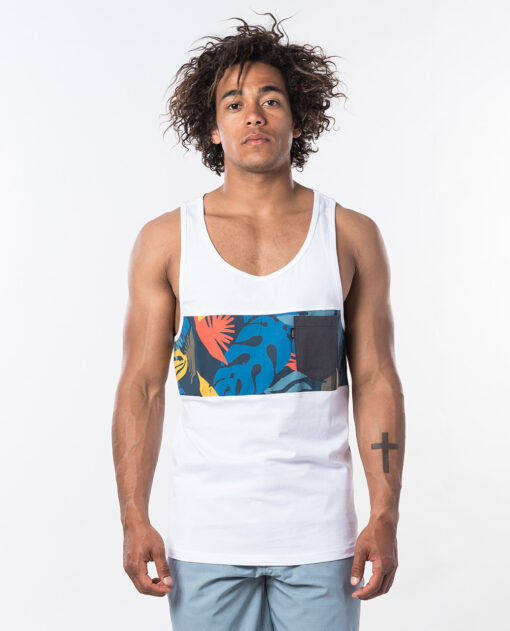 Camiseta RIP CURL hombre tirantes BUSY SESSION TANK Optical white Ref. CTEPD5 blanca bolsillo pecho TROPICAL