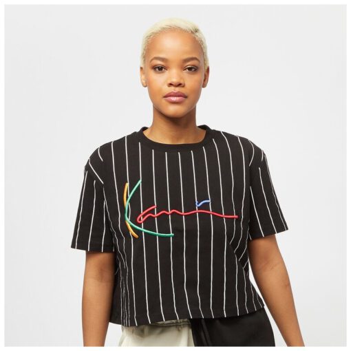 Camiseta top KARL KANI manga corta para mujer SIGNATURE PINSTRIPE TEE BLACK Ref. KKWQ12117BLK negra rayas colores