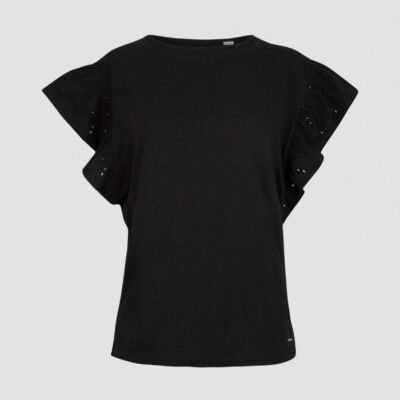 Camisa top O'NEILL mangas cortas volantes para mujer FLUTTER T-SHIRT Black Out Ref. 1A7338 negra