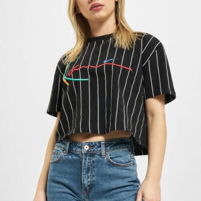 Camiseta top KARL KANI manga corta para mujer SIGNATURE PINSTRIPE TEE BLACK Ref. KKWQ12117BLK negra rayas colores