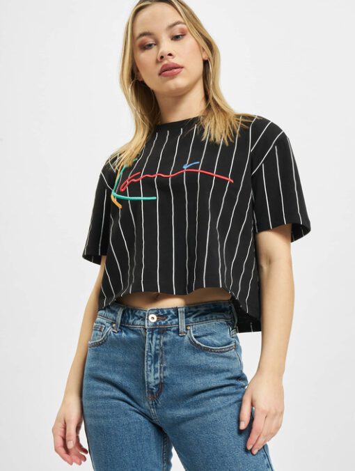 Camiseta top KARL KANI manga corta para mujer SIGNATURE PINSTRIPE TEE BLACK Ref. KKWQ12117BLK negra rayas colores