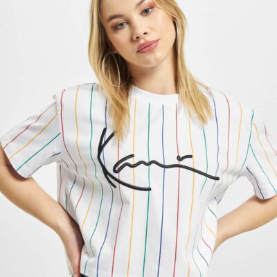 Camiseta top KARL KANI manga corta para mujer SIGNATURE PINSTRIPE TEE WHITE Ref. KKWQ12117WTH blanca rayas colores