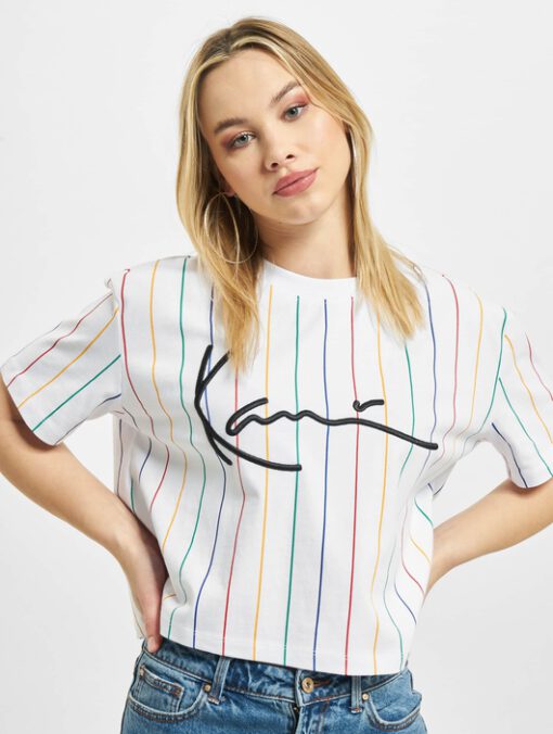 Camiseta top KARL KANI manga corta para mujer SIGNATURE PINSTRIPE TEE WHITE Ref. KKWQ12117WTH blanca rayas colores