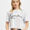 Camiseta top KARL KANI manga corta para mujer SIGNATURE PINSTRIPE TEE WHITE Ref. KKWQ12117WTH blanca rayas colores