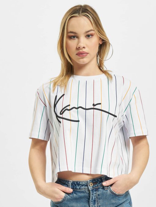 Camiseta top KARL KANI manga corta para mujer SIGNATURE PINSTRIPE TEE WHITE Ref. KKWQ12117WTH blanca rayas colores