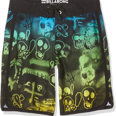 Bañador BILLABONG surfero niño Short elástico BAD BILLYS OG 15 NEON GREEN Ref. C2BS07 negro/verde/azul calveras