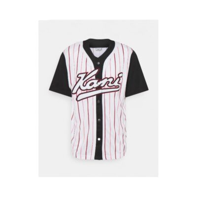 Camiseta beisbolera KARL KANI manga corta unisex VARSITY BLOCK PINSTRIPE BASEBALL White Ref. KKMQ12171WHT Blanca rayas