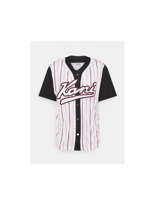 Camiseta beisbolera KARL KANI manga corta unisex VARSITY BLOCK PINSTRIPE BASEBALL White Ref. KKMQ12171WHT Blanca rayas