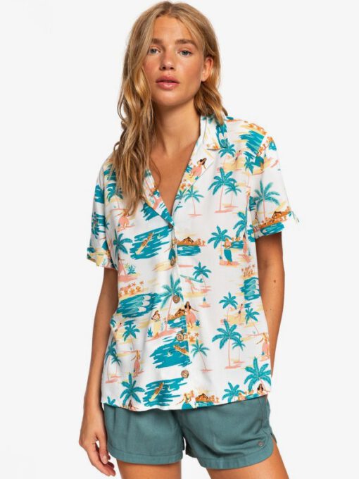 Camisa ROXY Mujer manga corta viscosa Remind To Forget (wbk8) Ref. ERJWT03396 blanca tropical aloha