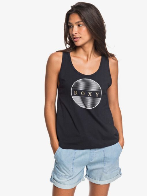 Camiseta ROXY licra sin Mangas para Mujer Closing Party ANTHRACITE (kvj0) Ref. ERJZT04806 negra logo dorado pecho