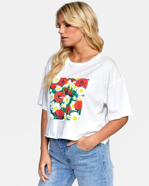 Camiseta top RVCA manga corta para mujer CROP SUPER BLOOM BOYFRIEND Ref. W3SSID blanca flores