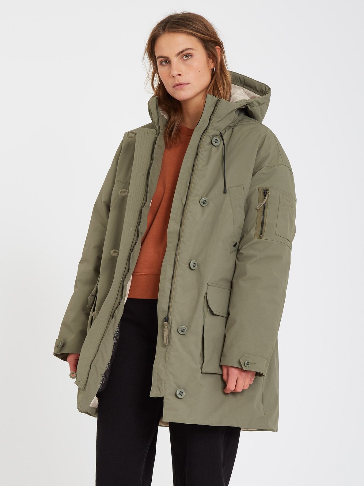 Chaqueta VOLCOM Mujer Urbana con capucha PARKA WARMER N OVER 5K – ARMY GREEN COMBO Ref. B1732104_ARC verde | Martimpe Berart - Tienda de Moda en Gausach, Vielha, Valle de