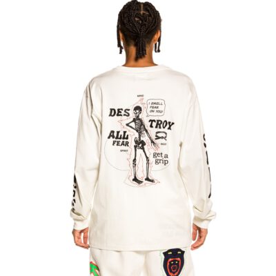 Camiseta GRIMEY manga larga unisex "Destroy All Fear" - White | Fall 21 Ref. GLS139-BLU blanca esqueleto