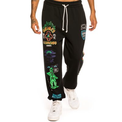 Pantalón deportivo GRIMEY cómodo UNISEX "Destroy All Fear" Sweatpants - Black | Fall 21 Ref. GRTS208-BLK negro logos piernas