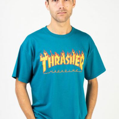 Camiseta THRASHER Magazine Hombre Flame logo manga corta galapagos blue Ref. 144941 azul Llama fuego amarilla y naranja