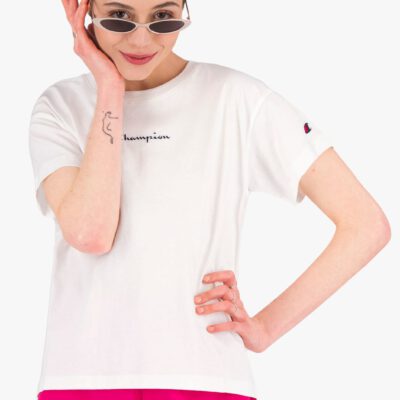 Camiseta CHAMPION mujer manga corta SCRIPT LOGO BOXY CROPPED T-SHIRT White Ref. 113940 blanca