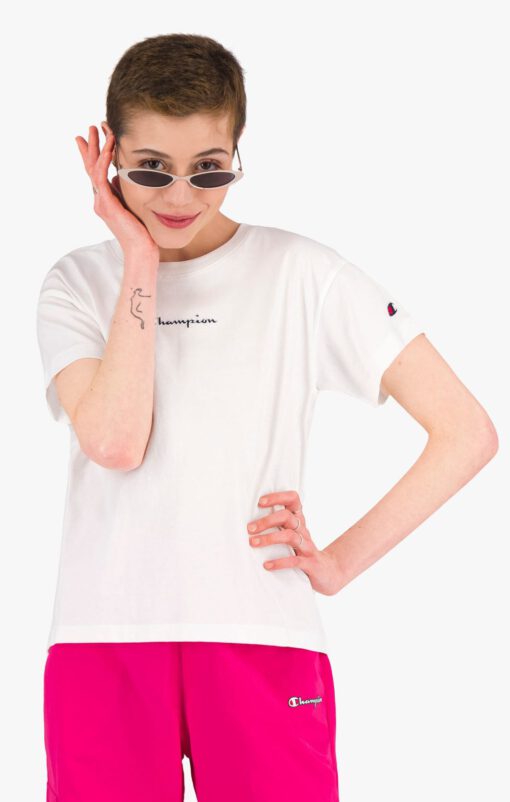 Camiseta CHAMPION mujer manga corta SCRIPT LOGO BOXY CROPPED T-SHIRT White Ref. 113940 blanca
