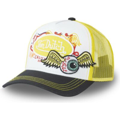 Gorra Von Dutch California rejilla y ajustable Trucker blanca, amarilla y negra PAT YE ojo y alas