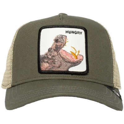 Gorra Animales GOORIN BROS HIPPO HOORAY -HUNGRY -OLIVE rejilla ajustable con parche HIPOPOTAMO verde kakhi