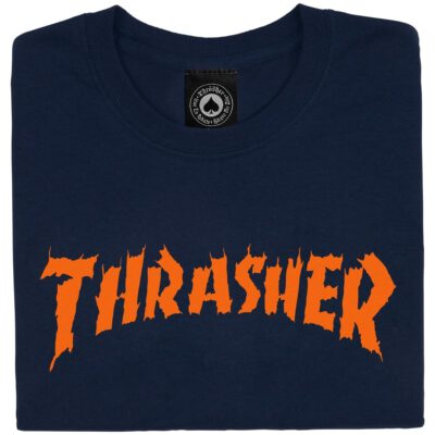 Camiseta THRASHER Hombre manga corta BURN IT DOWN T-Shirt Ref. 145202 NAVY BLUE- azul marino con logo naranja