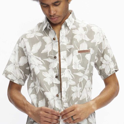 Camisa HYDROPONIC Manga corta Hombre estampada HIBISCUS SH ref-23045 STONE -Marrón y beige