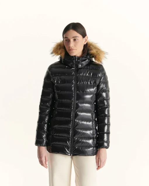 Chaqueta Jott de plumas pato Mujer con capucha de pelo GRAND FROID FW23WPAR50 999 BLACK PERLE LAQUEE negra