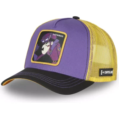 Gorra curva CAPSLAB rejilla y ajustable trucker Dick Dastardly SAT4 Wacky Races SATANAS color violeta, amarilla y negra